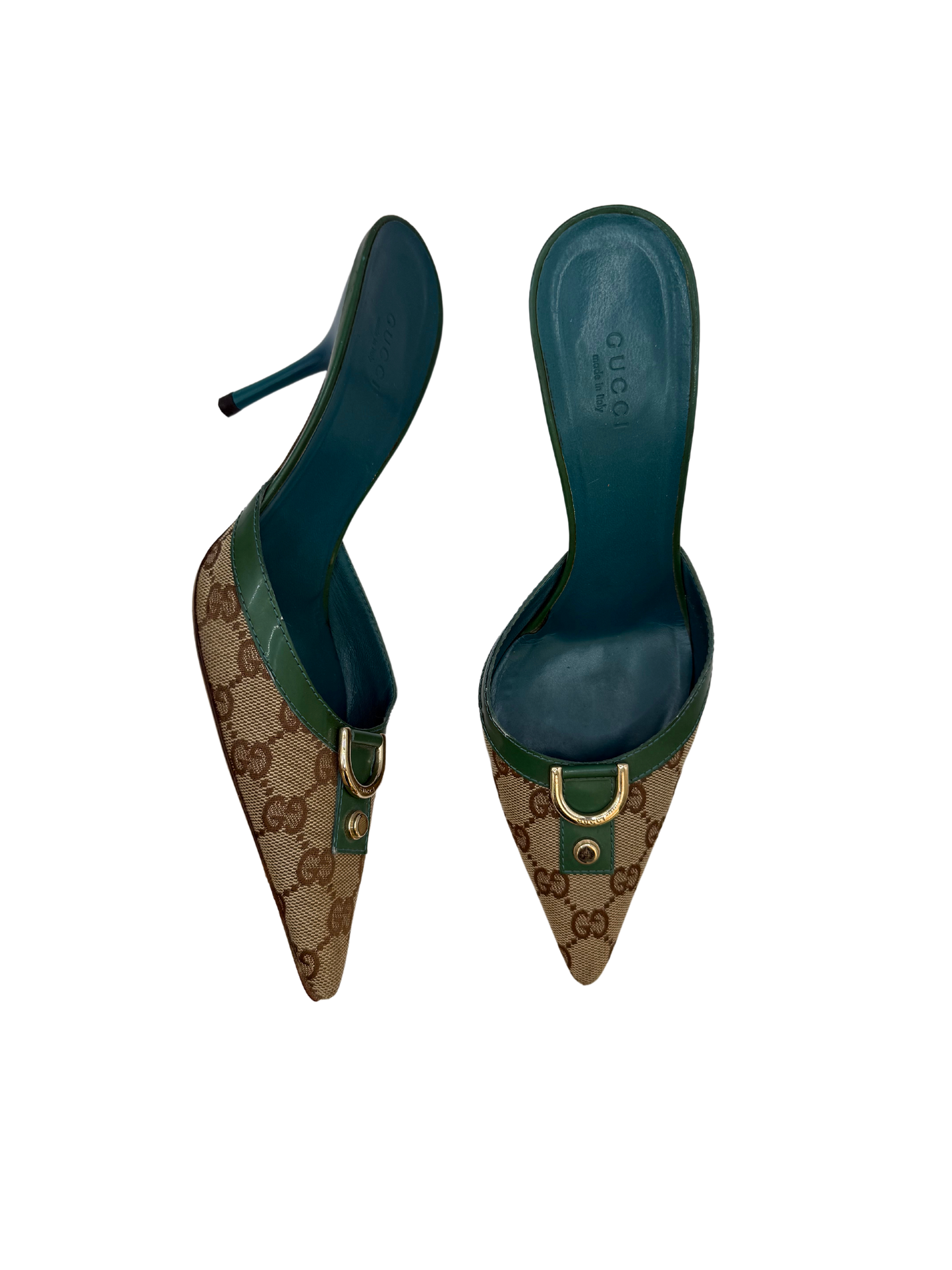 Gucci Green Monogram Mules, IT 38.5