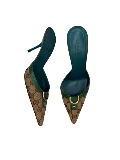 Gucci Green Monogram Mules, IT 38.5