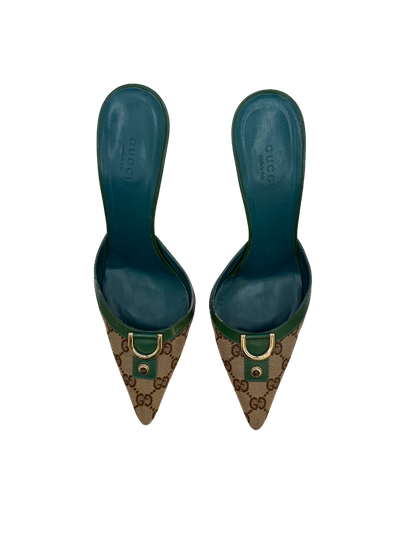 Gucci Green Monogram Mules, IT 38.5